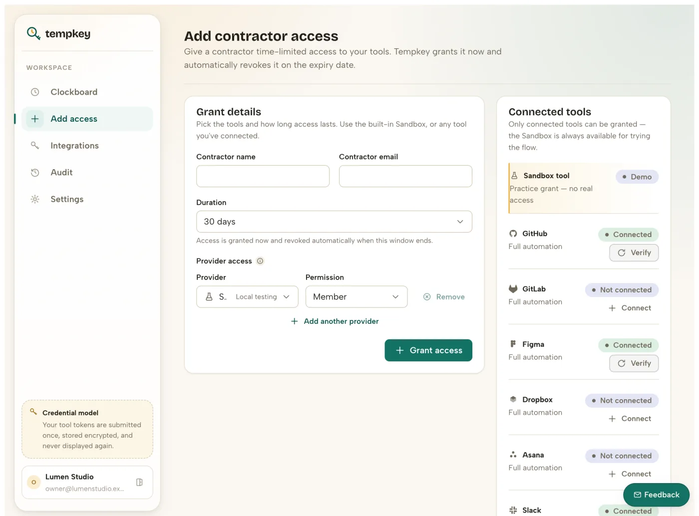 Tempkey add-contractor-access form: contractor name and email, a 30-day duration picker, and provider/permission rows, next to a list of connected tools.