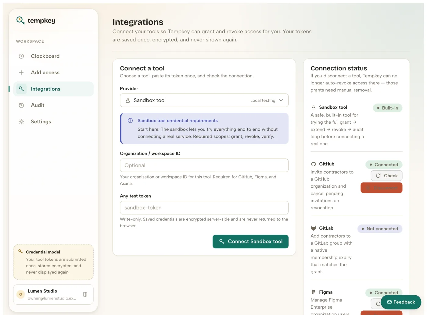 Tempkey's connect-a-tool screen: a write-only token field with the note 'Write-only. Saved credentials are encrypted server-side and are never returned to the browser.'